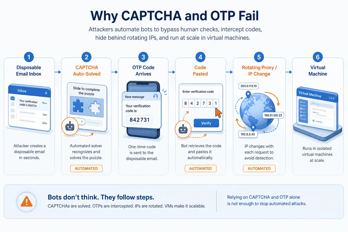 Automated fake signup flow bypassing CAPTCHA and email OTP