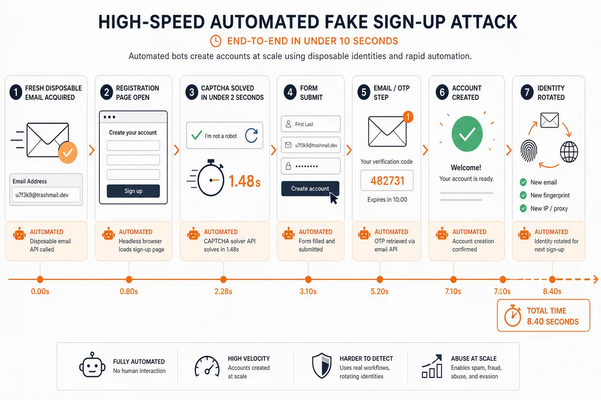 Automated fake sign-up workflow completing in under ten seconds